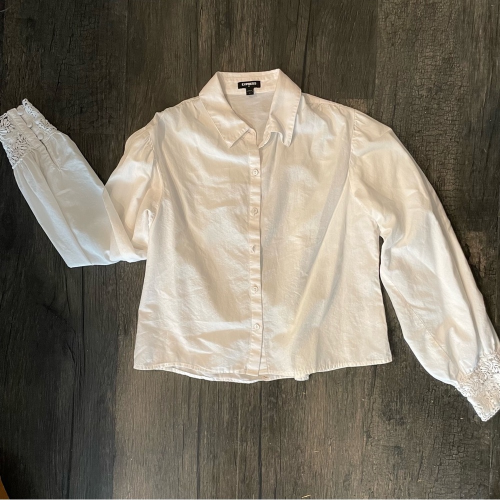 Express white button down with lace cuff sleeves size medium